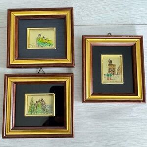 3 Framed Miniature Italian Gold Foil Hand Painted Scenic Landscape Artworks